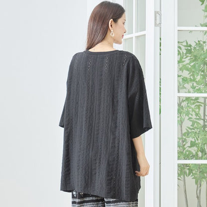 胸元 レース 装飾 アイレット ビッグ トップス 春夏 半袖 ゆったり 体型カバー L-LL