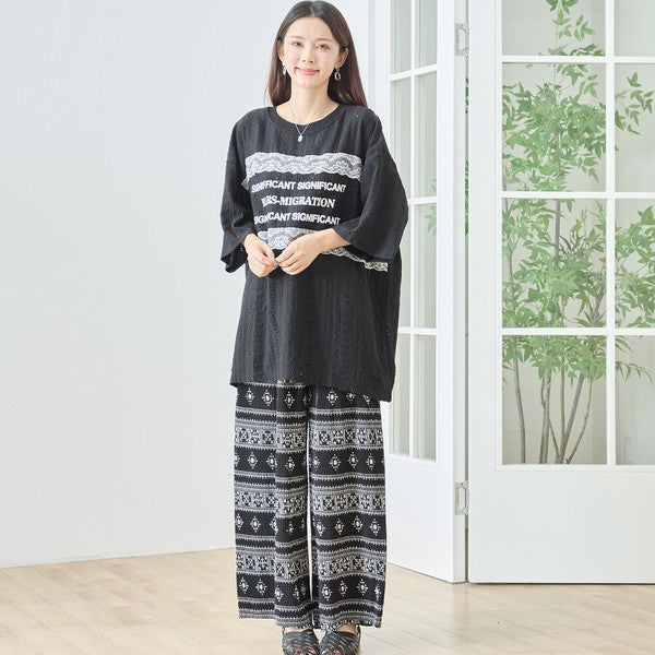 胸元 レース 装飾 アイレット ビッグ トップス 春夏 半袖 ゆったり 体型カバー L-LL