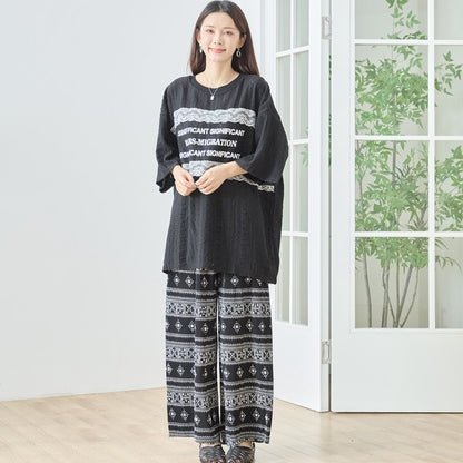 胸元 レース 装飾 アイレット ビッグ トップス 春夏 半袖 ゆったり 体型カバー L-LL