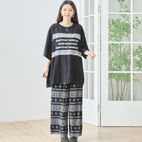 胸元 レース 装飾 アイレット ビッグ トップス 春夏 半袖 ゆったり 体型カバー L-LL