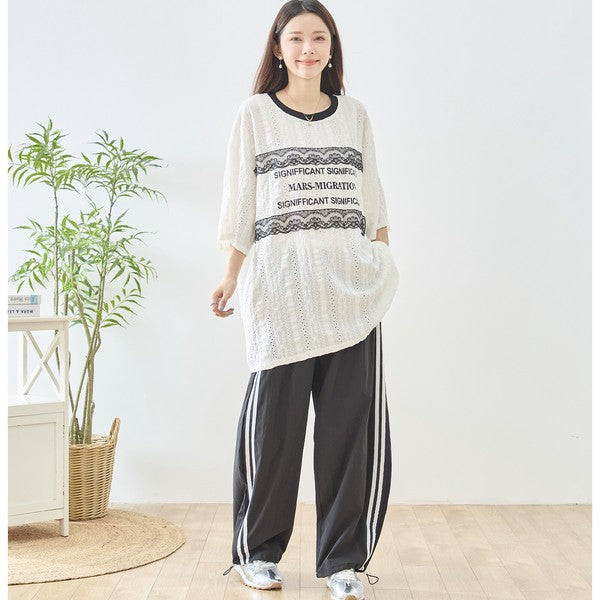 胸元 レース 装飾 アイレット ビッグ トップス 春夏 半袖 ゆったり 体型カバー L-LL