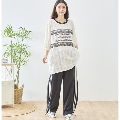胸元 レース 装飾 アイレット ビッグ トップス 春夏 半袖 ゆったり 体型カバー L-LL