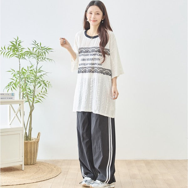 胸元 レース 装飾 アイレット ビッグ トップス 春夏 半袖 ゆったり 体型カバー L-LL