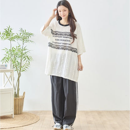 胸元 レース 装飾 アイレット ビッグ トップス 春夏 半袖 ゆったり 体型カバー L-LL