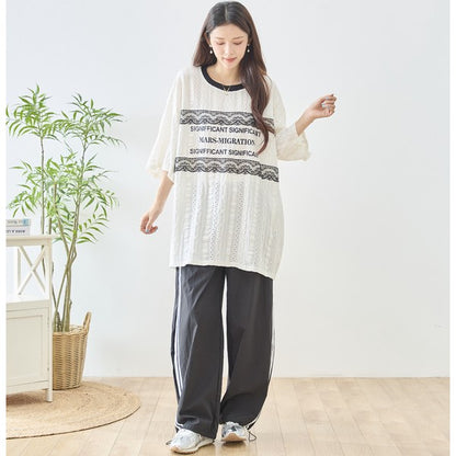 胸元 レース 装飾 アイレット ビッグ トップス 春夏 半袖 ゆったり 体型カバー L-LL