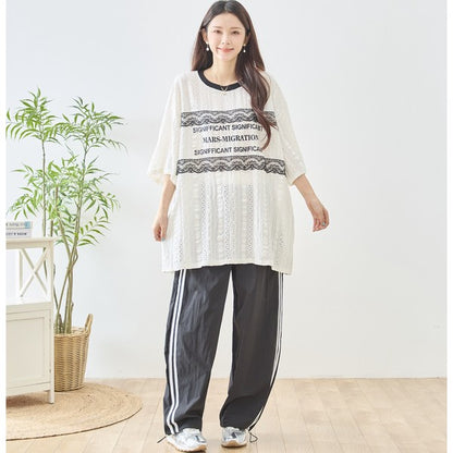胸元 レース 装飾 アイレット ビッグ トップス 春夏 半袖 ゆったり 体型カバー L-LL