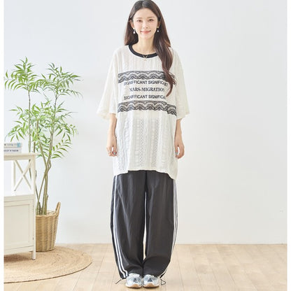 胸元 レース 装飾 アイレット ビッグ トップス 春夏 半袖 ゆったり 体型カバー L-LL