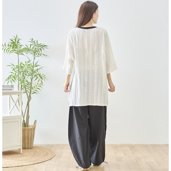 胸元 レース 装飾 アイレット ビッグ トップス 春夏 半袖 ゆったり 体型カバー L-LL