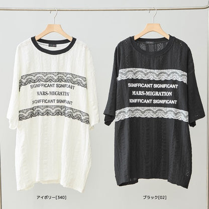胸元 レース 装飾 アイレット ビッグ トップス 春夏 半袖 ゆったり 体型カバー L-LL
