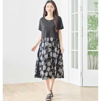 大丸柄 プリント 異素材 切替 ワンピース ロング 半袖 ゆったり 体型カバー M-L