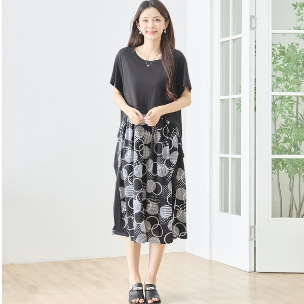 大丸柄 プリント 異素材 切替 ワンピース ロング 半袖 ゆったり 体型カバー M-L