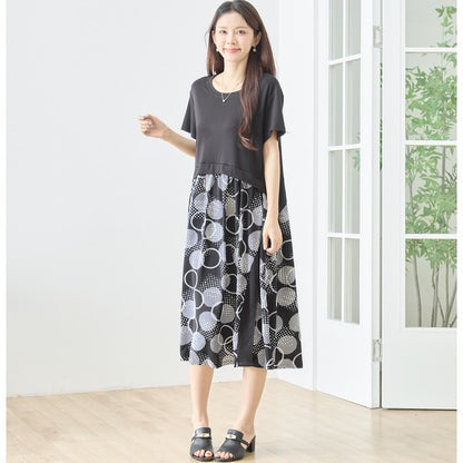 大丸柄 プリント 異素材 切替 ワンピース ロング 半袖 ゆったり 体型カバー M-L