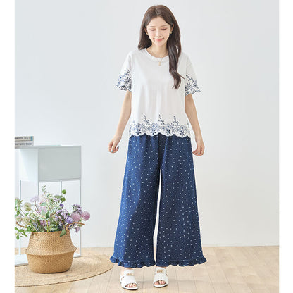ドット柄 裾フリル デニム ワイドパンツ ウエストゴム ゆったり 体型カバー M-L