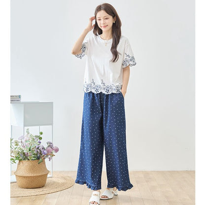 ドット柄 裾フリル デニム ワイドパンツ ウエストゴム ゆったり 体型カバー M-L