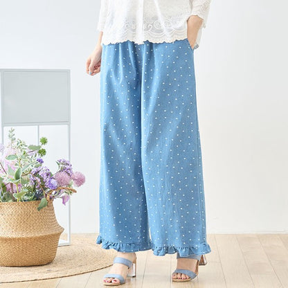 ドット柄 裾フリル デニム ワイドパンツ ウエストゴム ゆったり 体型カバー M-L