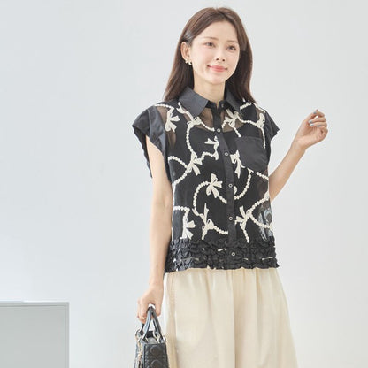 リボン刺繍 シアー素材 シャツカラー 裾フリル ブラウス 半袖 ゆったり Ｍ〜Ｌ