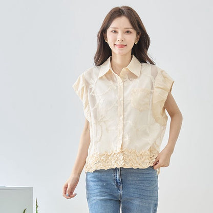 リボン刺繍 シアー素材 シャツカラー 裾フリル ブラウス 半袖 ゆったり Ｍ〜Ｌ
