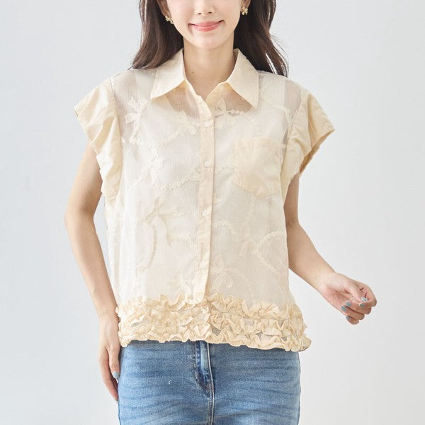 リボン刺繍 シアー素材 シャツカラー 裾フリル ブラウス 半袖 ゆったり Ｍ〜Ｌ