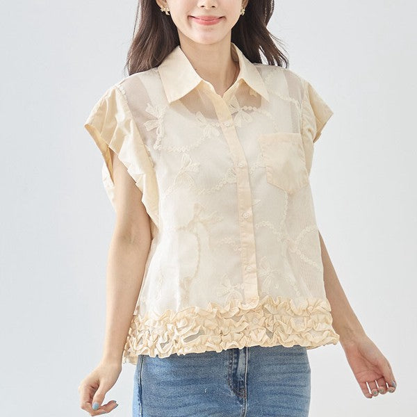 リボン刺繍 シアー素材 シャツカラー 裾フリル ブラウス 半袖 ゆったり Ｍ〜Ｌ