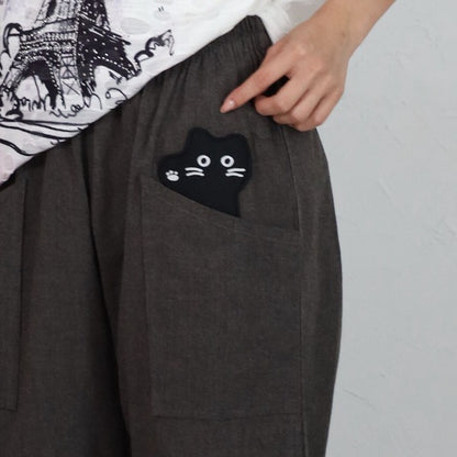 猫ワッペン ポケット パンツ インド綿 ウエストゴム ゆったり 秋 フリー レディース
