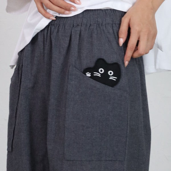 猫ワッペン ポケット パンツ インド綿 ウエストゴム ゆったり 秋 フリー レディース