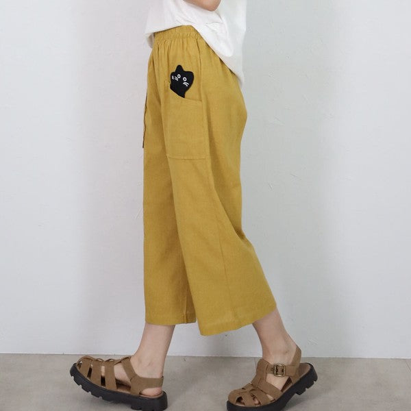 猫ワッペン ポケット パンツ インド綿 ウエストゴム ゆったり 秋 フリー レディース