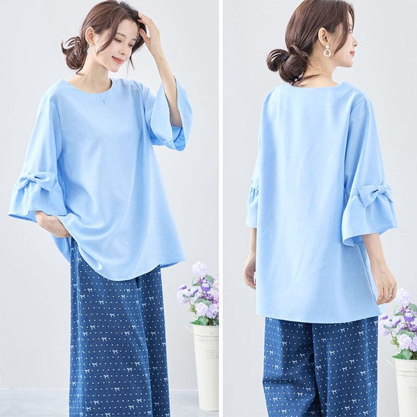 袖 リボン付き チュニック 七分袖 ブラウス ゆったり Aライン 体型カバー M-L