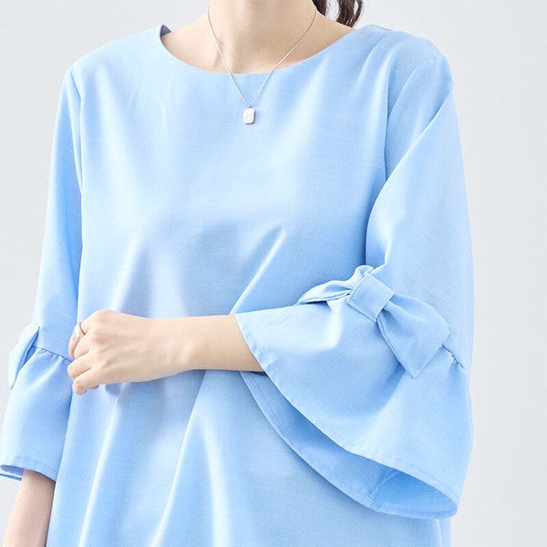 袖 リボン付き チュニック 七分袖 ブラウス ゆったり Aライン 体型カバー M-L