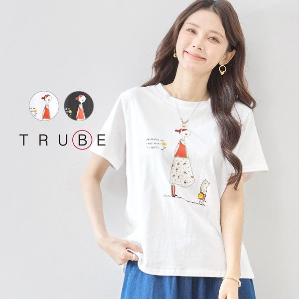 猫と女の子 イラストプリント Ｔシャツ 半袖 綿混 ストレッチ ゆったり Ｍ〜Ｌ