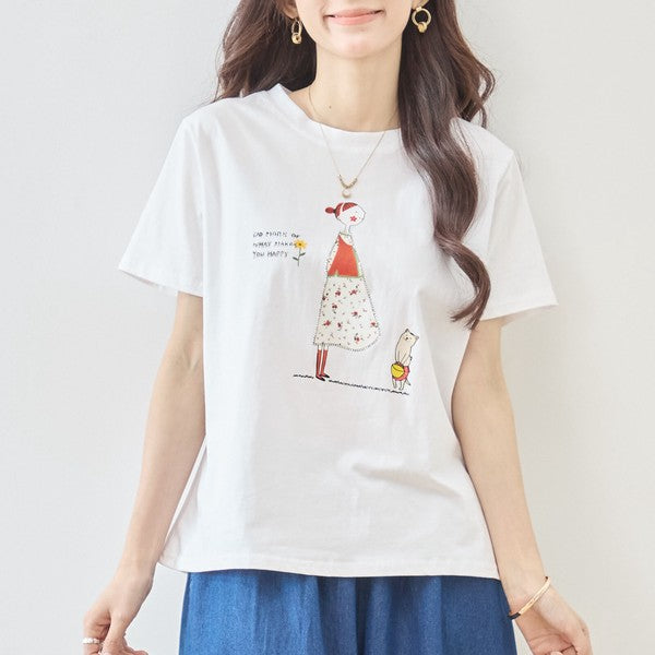 猫と女の子 イラストプリント Ｔシャツ 半袖 綿混 ストレッチ ゆったり Ｍ〜Ｌ