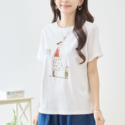 猫と女の子 イラストプリント Ｔシャツ 半袖 綿混 ストレッチ ゆったり Ｍ〜Ｌ