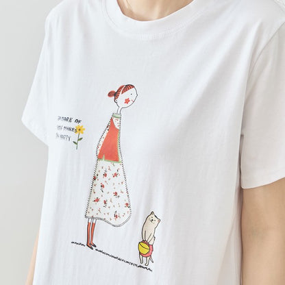 猫と女の子 イラストプリント Ｔシャツ 半袖 綿混 ストレッチ ゆったり Ｍ〜Ｌ