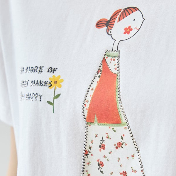 猫と女の子 イラストプリント Ｔシャツ 半袖 綿混 ストレッチ ゆったり Ｍ〜Ｌ