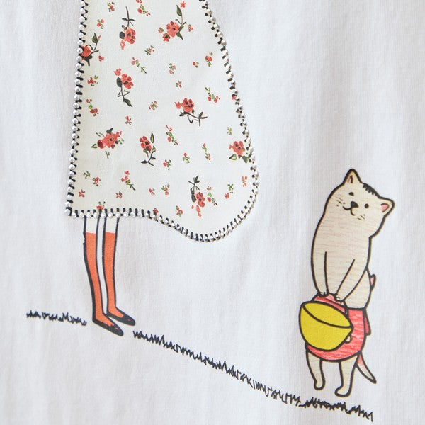 猫と女の子 イラストプリント Ｔシャツ 半袖 綿混 ストレッチ ゆったり Ｍ〜Ｌ