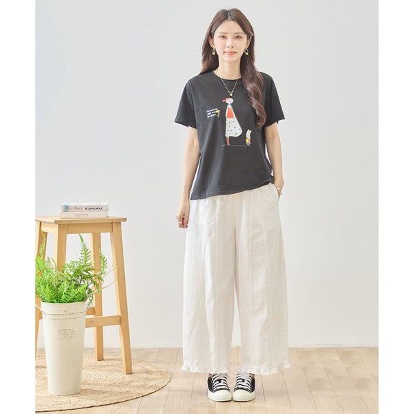 猫と女の子 イラストプリント Ｔシャツ 半袖 綿混 ストレッチ ゆったり Ｍ〜Ｌ