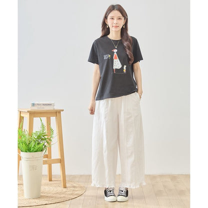 猫と女の子 イラストプリント Ｔシャツ 半袖 綿混 ストレッチ ゆったり Ｍ〜Ｌ