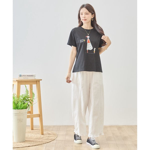 猫と女の子 イラストプリント Ｔシャツ 半袖 綿混 ストレッチ ゆったり Ｍ〜Ｌ