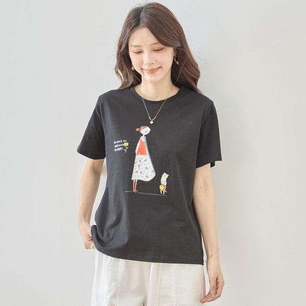 猫と女の子 イラストプリント Ｔシャツ 半袖 綿混 ストレッチ ゆったり Ｍ〜Ｌ