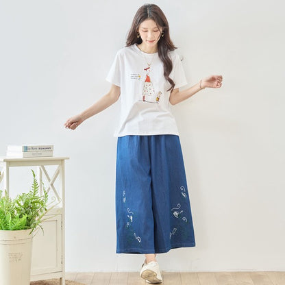 猫と女の子 イラストプリント Ｔシャツ 半袖 綿混 ストレッチ ゆったり Ｍ〜Ｌ