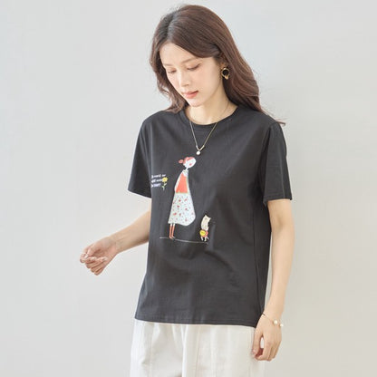 猫と女の子 イラストプリント Ｔシャツ 半袖 綿混 ストレッチ ゆったり Ｍ〜Ｌ
