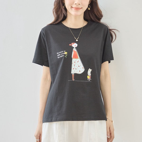 猫と女の子 イラストプリント Ｔシャツ 半袖 綿混 ストレッチ ゆったり Ｍ〜Ｌ