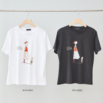 猫と女の子 イラストプリント Ｔシャツ 半袖 綿混 ストレッチ ゆったり Ｍ〜Ｌ