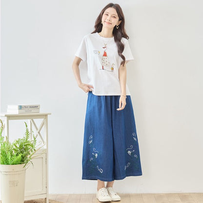 猫と女の子 イラストプリント Ｔシャツ 半袖 綿混 ストレッチ ゆったり Ｍ〜Ｌ