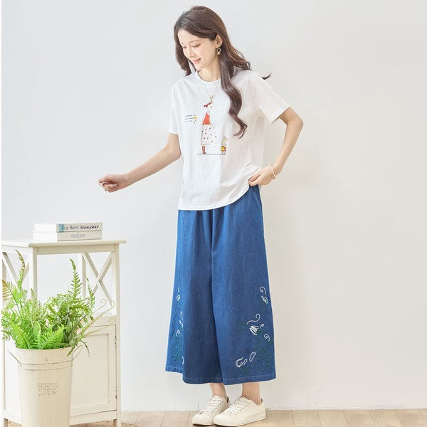 猫と女の子 イラストプリント Ｔシャツ 半袖 綿混 ストレッチ ゆったり Ｍ〜Ｌ