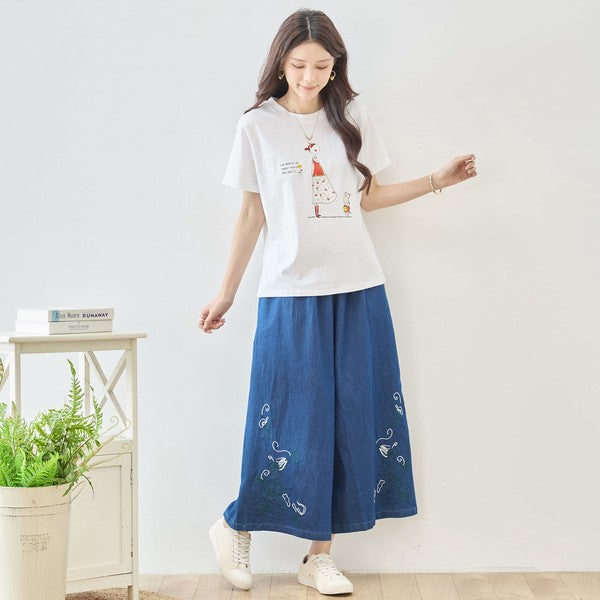 猫と女の子 イラストプリント Ｔシャツ 半袖 綿混 ストレッチ ゆったり Ｍ〜Ｌ