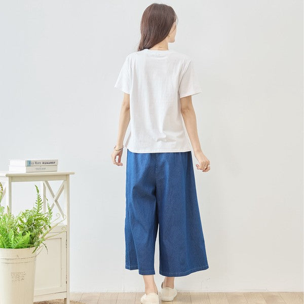 猫と女の子 イラストプリント Ｔシャツ 半袖 綿混 ストレッチ ゆったり Ｍ〜Ｌ