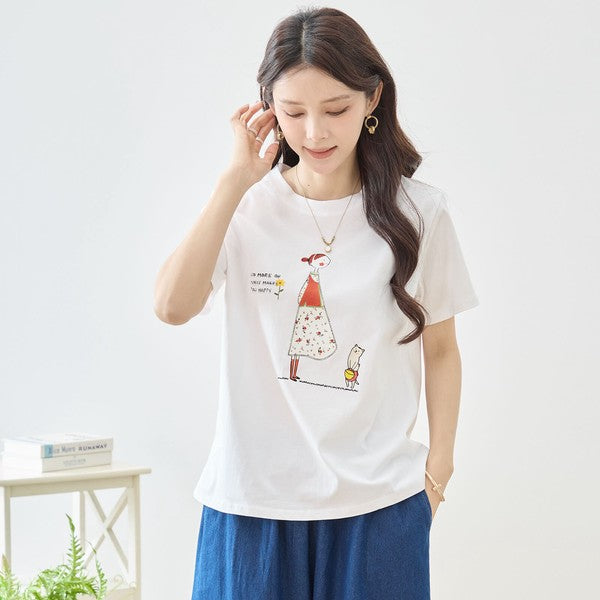 猫と女の子 イラストプリント Ｔシャツ 半袖 綿混 ストレッチ ゆったり Ｍ〜Ｌ