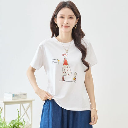 猫と女の子 イラストプリント Ｔシャツ 半袖 綿混 ストレッチ ゆったり Ｍ〜Ｌ