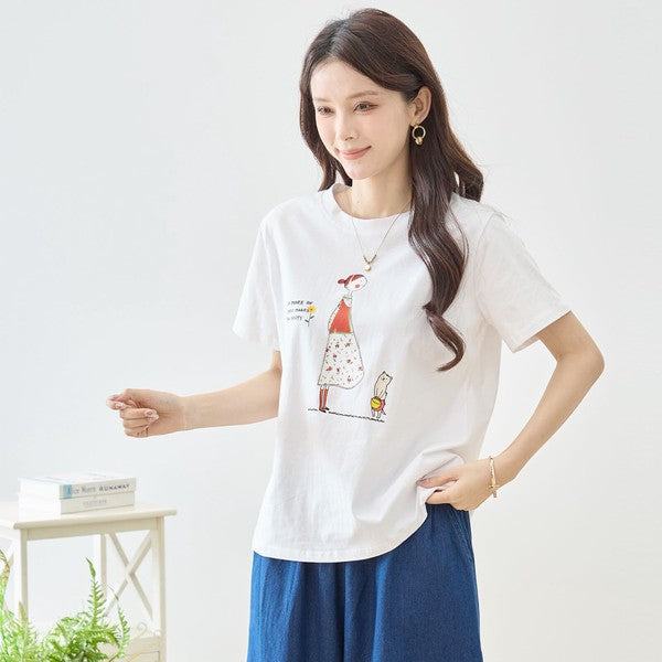 猫と女の子 イラストプリント Ｔシャツ 半袖 綿混 ストレッチ ゆったり Ｍ〜Ｌ