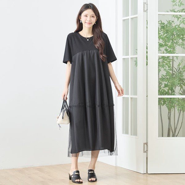 大人可愛い チュール重ね コクーン ワンピース 春夏 ロング 半袖 ゆったり LL